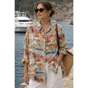 Vintage 100% Silk Button Up Shirt Mediterranean Coastal Print Size 22 Vacation